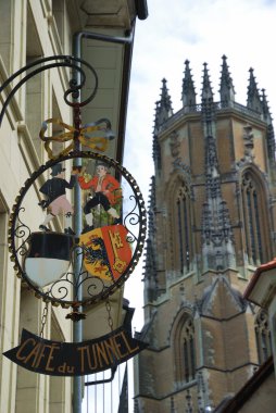 Gothic view of Fribourg with signboard. clipart