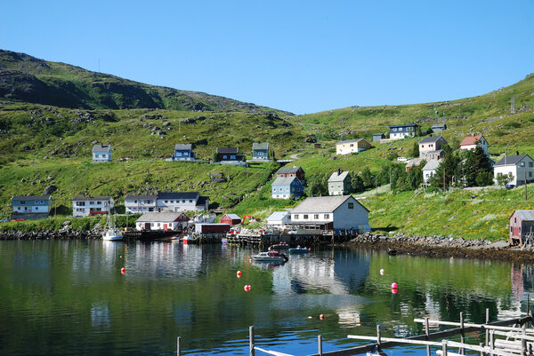 Summer view of fishing village Akkarfjord in Soroya.