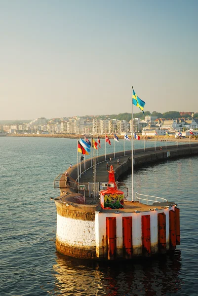 Breakwater with European flags in the Kattegat strait — Stock Photo, Image