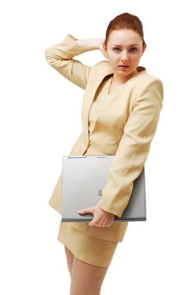 Young bold businesswoman with notebook PC. — Stock Photo, Image