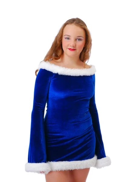 Blyg tonårsflicka i kostym jultomten — Stockfoto