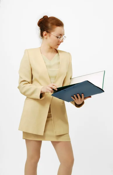 Career girl in glasses with folder — Stock Photo, Image