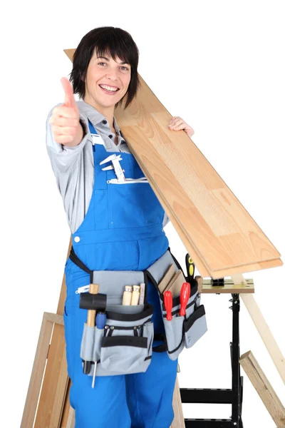 Mulher feliz carpinteiro — Fotografia de Stock