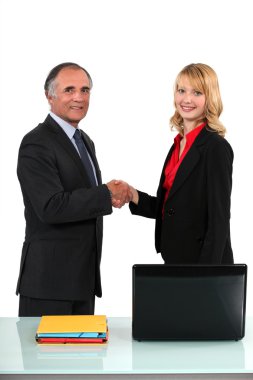 Businessman and businesswoman shaking hands clipart