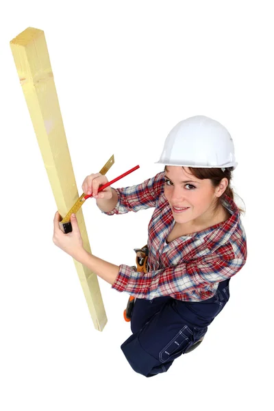 Working marking where to cut wood — Stock Photo, Image