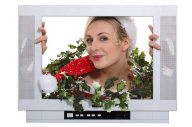 Woman in festive outfit escaping from television clipart