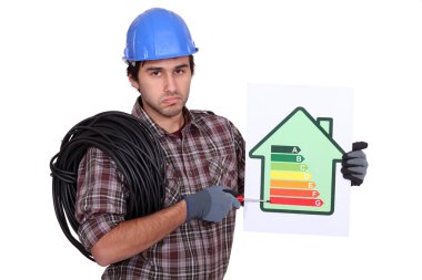 Electrician holding energy-rating information clipart