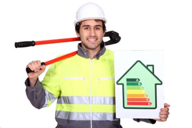 Man with bolt-cutters and energy rating poster clipart