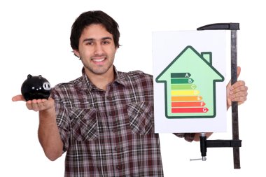 Man holding piggy-bank and energy efficiency logo clipart