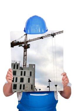 Blue collar hiding behind picture of construction site with crane clipart