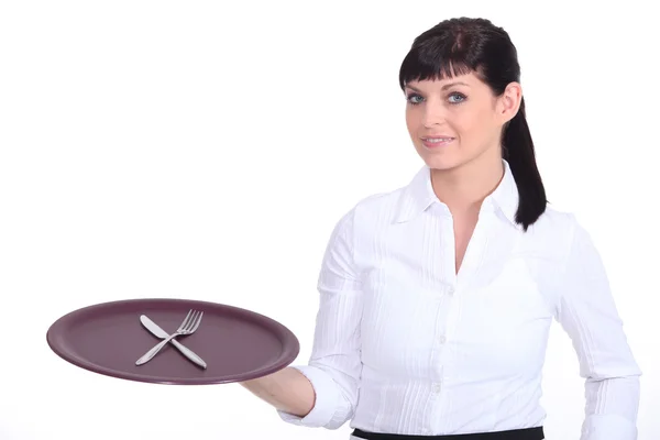 Waitress with tray and cutlery — Stock Photo, Image