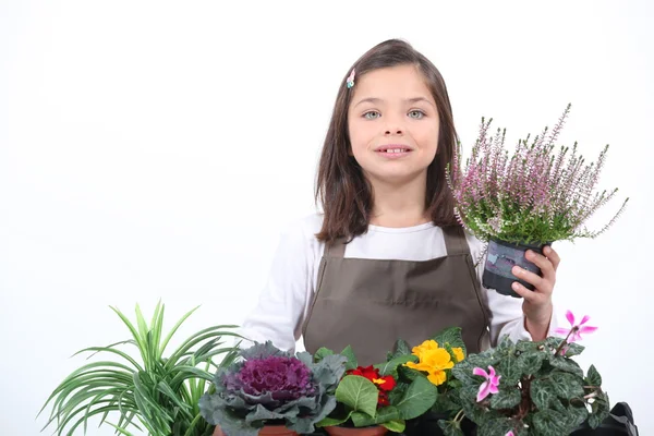 En liten flicka poserar med hennes växter — Stockfoto