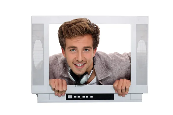 Man behind television frame — Stock Photo, Image