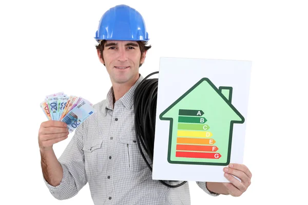 Hombre sosteniendo cartel de calificación energética y dinero en efectivo — Foto de Stock