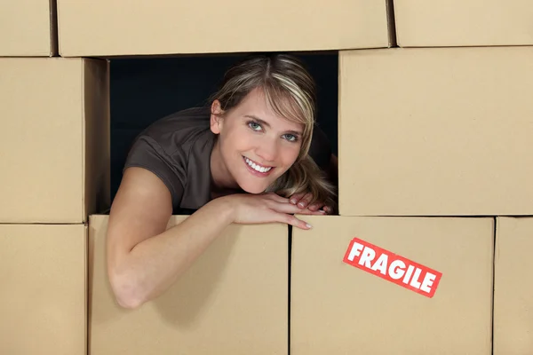 Vedoucí ženského logistiky obklopen boxy — Stock fotografie
