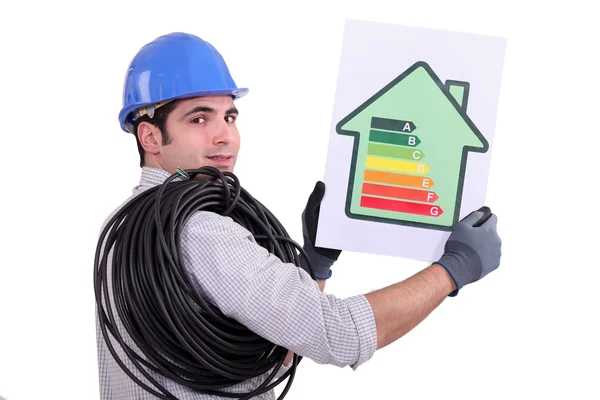 Electrician holding an energy consumption label Royalty Free Stock Photos