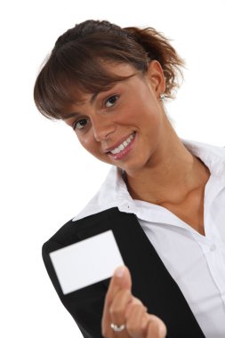 Woman holding a business card clipart