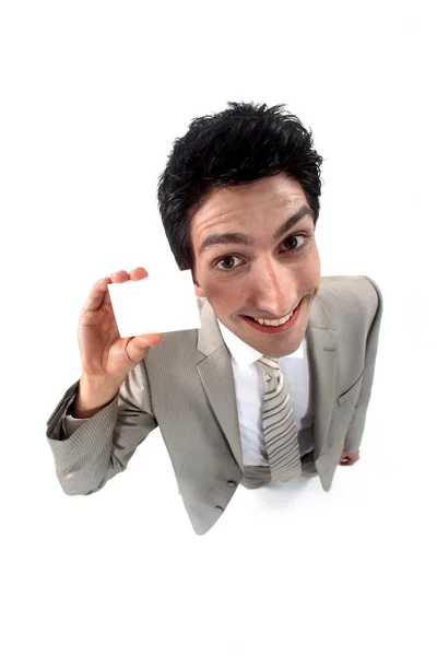 Funny businessman holding card — Stock Photo, Image
