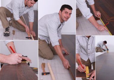 Montage on man laying laminate flooring clipart