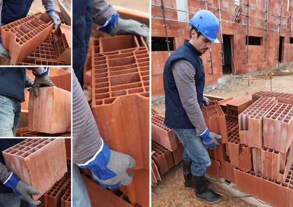 Colpi di muratore al lavoro in cantiere — Foto Stock