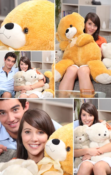 Mosaic of couple with cuddly toys — Stock Photo, Image