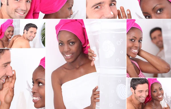 Collage van een paar in een badkamer — Stockfoto