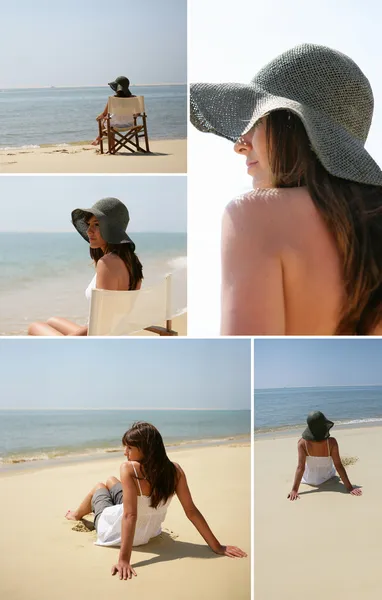 Young woman with sun hat at beach — Stock Photo, Image