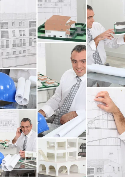 Mosaik av arkitekt arbetar hårt i hans kontor — Stockfoto