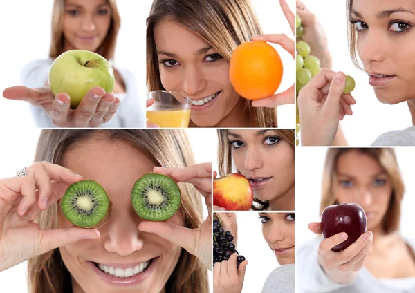 Montaje de mujer sosteniendo varios frutos — Foto de Stock