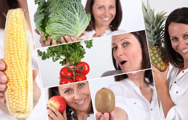 Fotos de morena radiante con frutas y verduras — Foto de Stock
