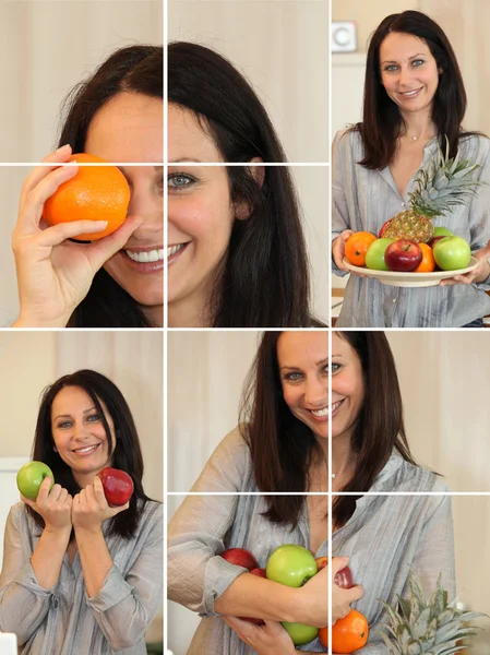Koláž ženy držící různé ovoce — Stock fotografie