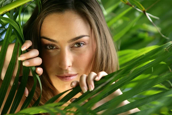 Woman hiding behind a plant — Stock Photo, Image