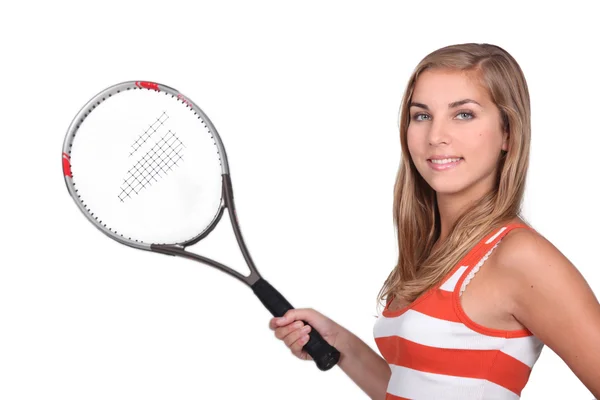 Kobiece kobieta młody nastolatek przytrzymanie rakieta tenisowa — Zdjęcie stockowe