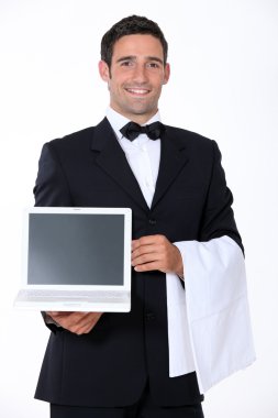Waiter with computer clipart