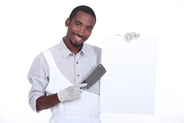 Chef con una cuchilla y una pizarra blanca listo para el texto — Foto de Stock