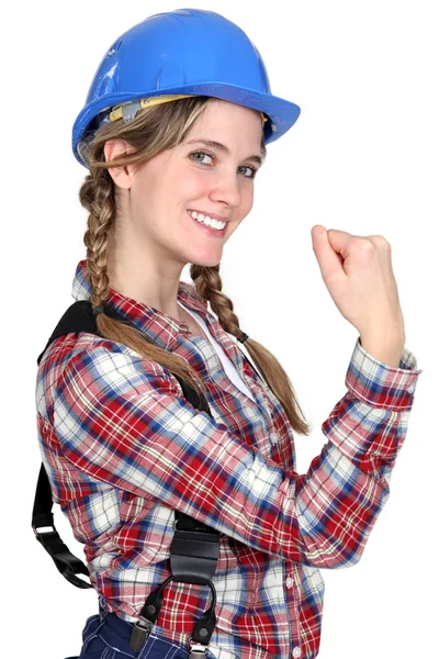Trabalhadora da construção feminina mostrando sua força — Fotografia de Stock