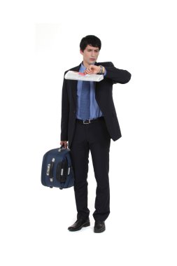 Business with luggage late for meeting clipart