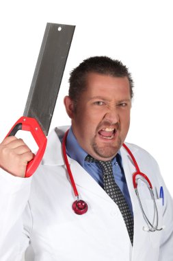 Angry doctor holding a saw clipart