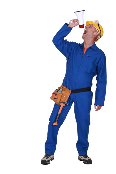 Construtor gritando ordens através de megafone — Fotografia de Stock