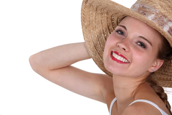밀 짚 모자를 가진 여자의 초상화 — 스톡 사진