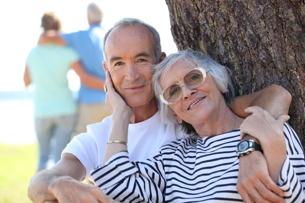 Äldre par omfattar i ett fält — Stockfoto