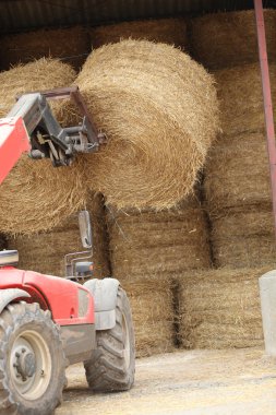 Tractor lifting bail of hay clipart