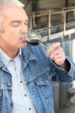 Man drinking wine in a cellar clipart