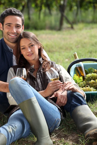 Par med ett glas vin och korg med druvor — Stockfoto