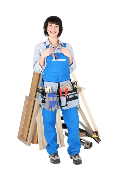 Woman carpenter isolated on white background — Stock Photo, Image