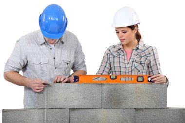 Bricklayers with a spirit level and plumb line clipart