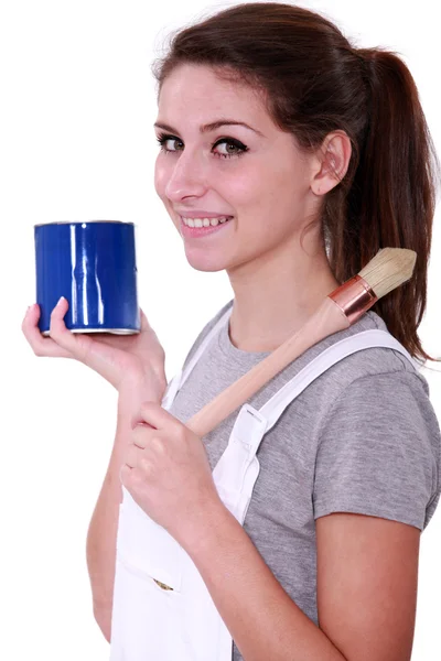 Painter with blue pot and brush — Stock Photo, Image