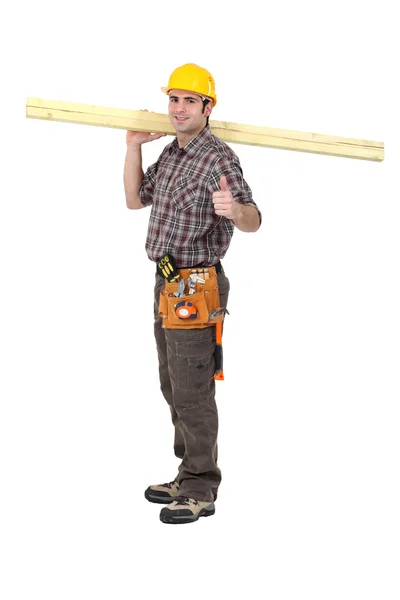 Happy carpenter with thumb up — Stock Photo, Image
