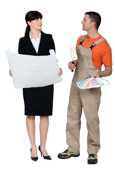 Architect and painter working together — Stock Photo, Image