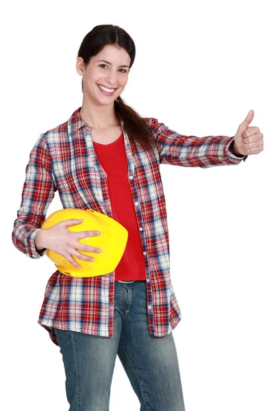 Ženské stavební dělník s palcem nahoru. — Stock fotografie